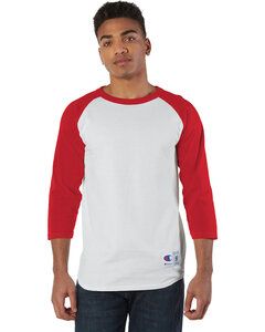 Champion T137 - Raglan Baseball T-Shirt White/ Scarlet