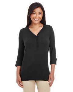 Devon & Jones DP186W - Ladies Perfect Fit  Y-Placket Convertible Sleeve Knit Top Black