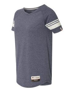 Champion AO350 - Women's Triblend Varsity T-shirt Navy Heather w/ Natural Stripe