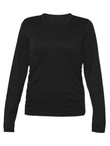 Blank Activewear L635 - Women's Long Sleeve V-Neck T-hirt, 100% Polyester Interlock, Dry Fit Black